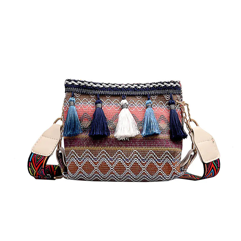 Fringed Crossbody Bag with Ethnic Wide Shoulder Strap