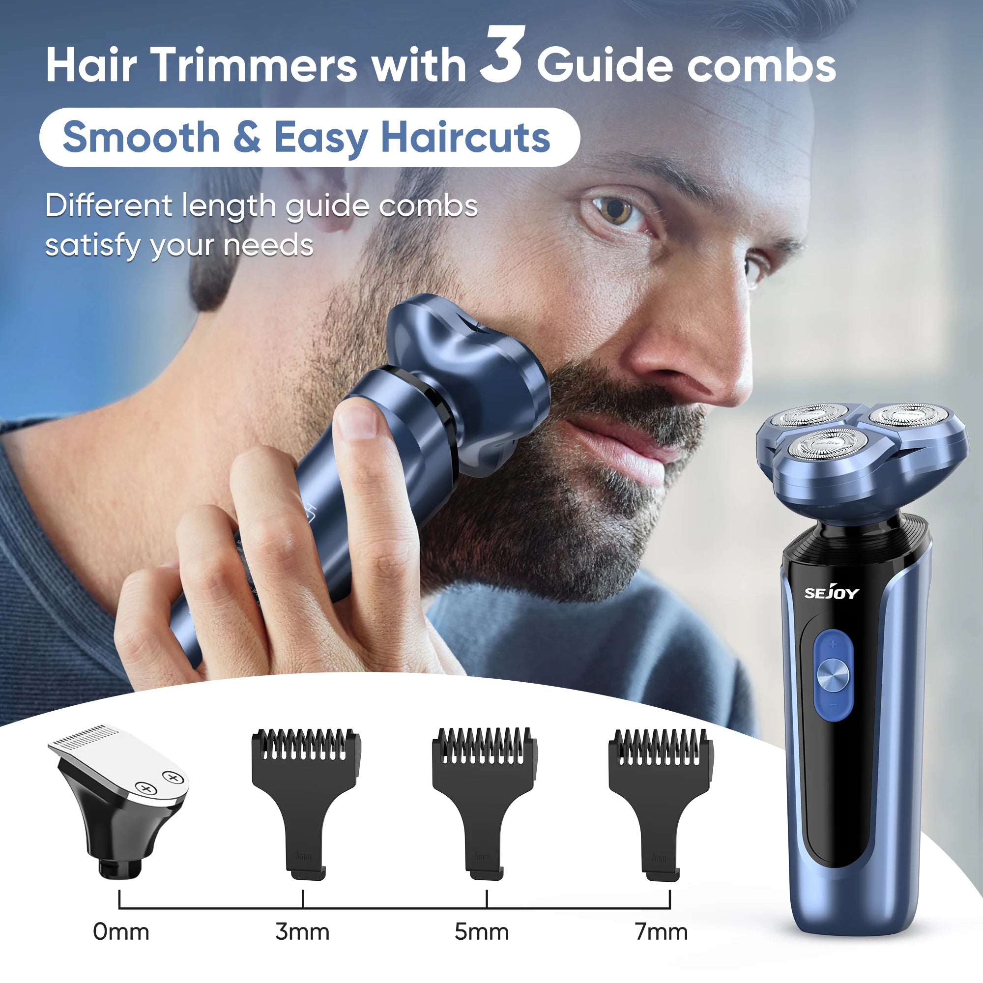 AFEITADOR eléctrico masculino con cabeça de 3 lâminas rotativas de aço inoxidável, projetado para um barbear confortável, preciso e sem irritação. Pode ser usado a seco ou com água,