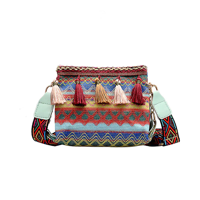 Fringed Crossbody Bag with Ethnic Wide Shoulder Strap