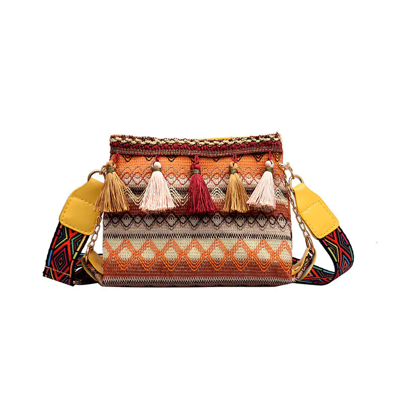 Fringed Crossbody Bag with Ethnic Wide Shoulder Strap