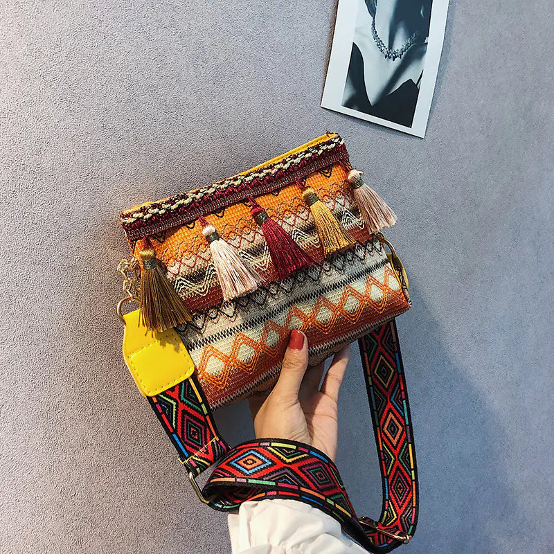 Fringed Crossbody Bag with Ethnic Wide Shoulder Strap
